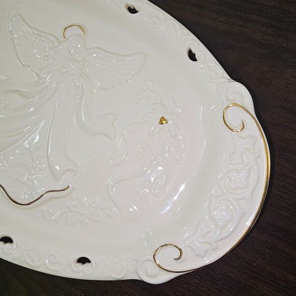 Home Accents Wishes & Wonder Glazed Oval Angel Tray Gold Accents 13"x8.5" - Picture 4 of 7